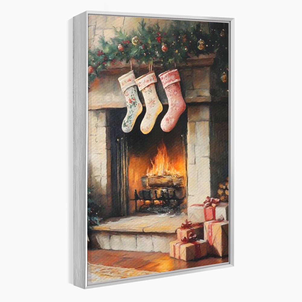 Tablou canvas cu tablou canvas cu semineu si ciorapi de craciun, in rama de aluminiu argintiu